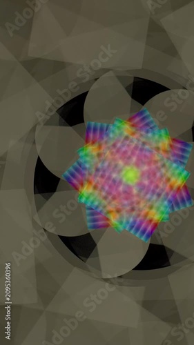 Multicolored gray swirling pattern of curved square shapes on black background. Vertical abstract fractal video.