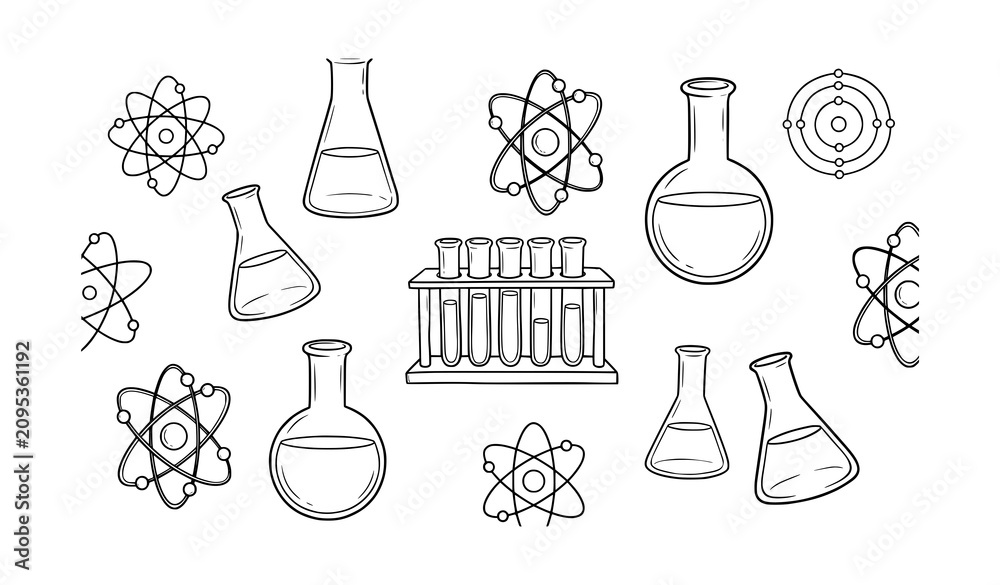 Obraz premium Science equipment collection flasks test tubes and atomic structure diagrams