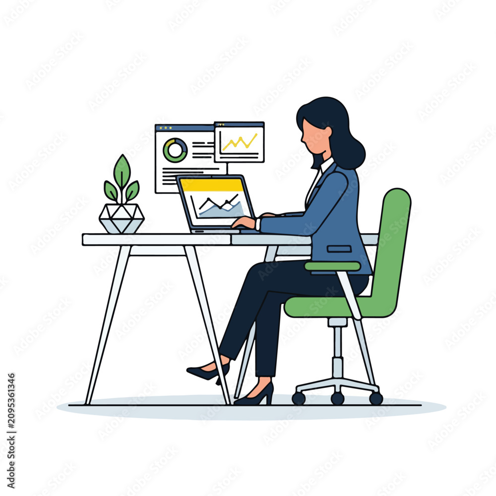 Fototapeta premium Businesswoman Working on Laptop at Office Desk Flat Vector Illustration