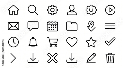 Essential line icons set navigation communication and utility symbols