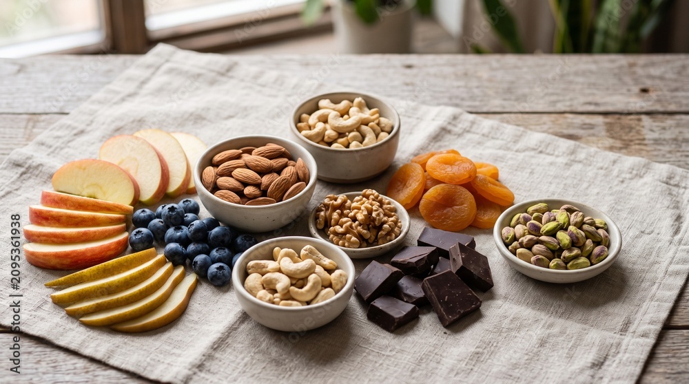 Fototapeta premium A selection of fresh fruit and nuts on a table.