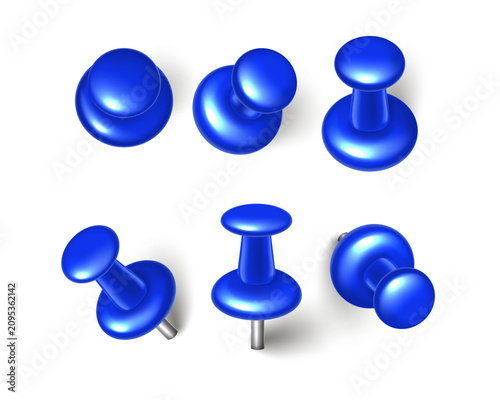 Canvastavla Set of five glossy blue plastic push pins arranged in various angles and positio