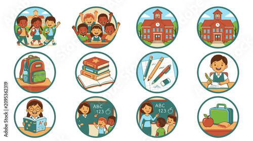 School children learning with books.