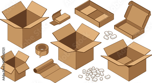 Set of open cardboard boxes, packaging inserts, tape, paper wrap, and foam peanuts isolated on white background vector collection