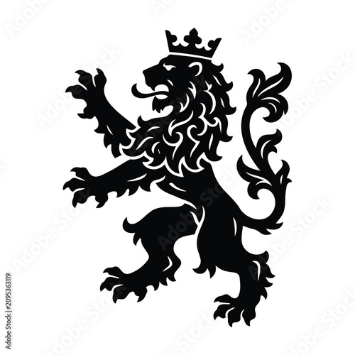 Heraldic lion with crown standing on hind legs vector silhouette for emblem or logotype.