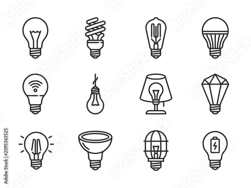 Light Bulbs and Lighting Equipment Line Icons Vector Set