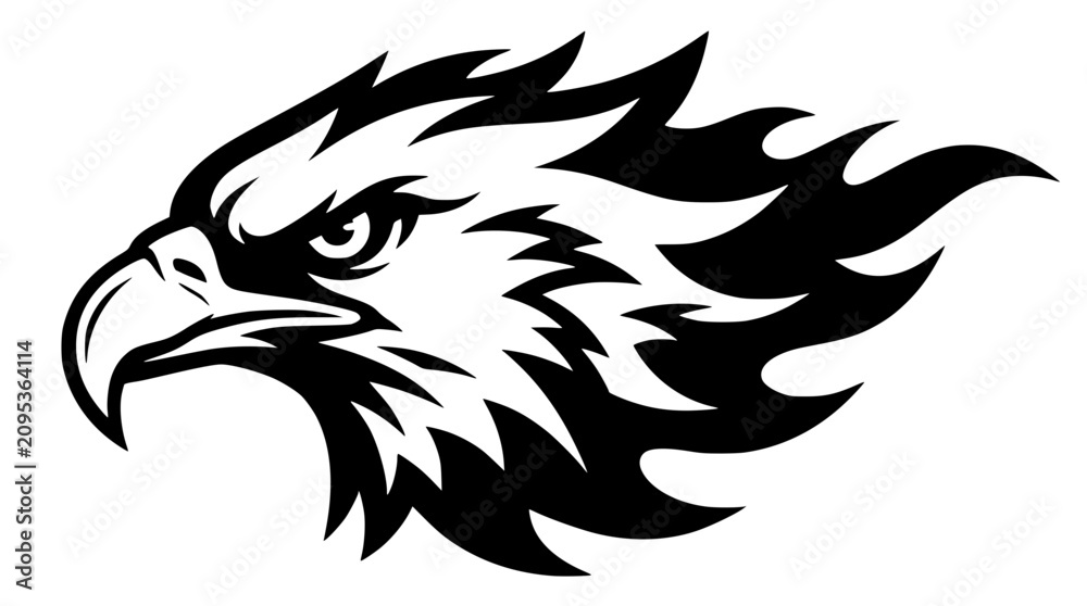 Fototapeta premium Black and white vector eagle head illustration with sharp feathers