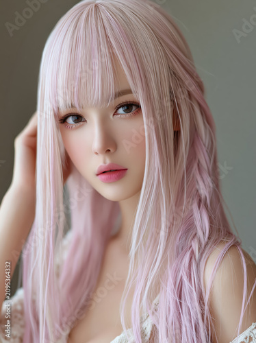 Young woman with long pastel pink hair and full bangs, soft makeup, and delicate features posing with calm and gentle expression
