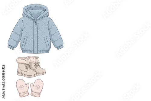 Winter clothing set for a child featuring a light blue puffer jacket, beige boots, and pink mittens with snowflake patterns