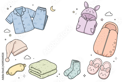 Cozy sleepwear and accessories for a comfortable night's rest, including pajamas, a sleeping bag, socks, slippers, a sleep mask, a cap, and a blanket, all depicted with a gentle, dreamy aesthetic