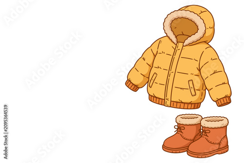 A warm winter jacket and a pair of cozy boots for children