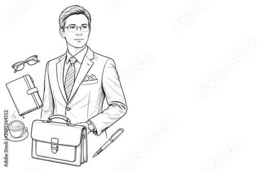 A businessman in a suit holding a briefcase, with a notebook, glasses, pen, and coffee cup floating around him, representing professionalism and organization