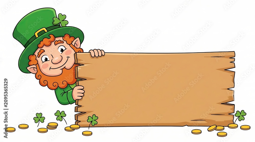 Fototapeta premium Cartoon Leprechaun Peeking Over Blank Sign