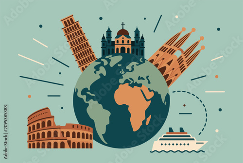 Global tourism illustration features the planet earth surrounded by the colosseum, sagrada familia, leaning tower, and a cruise ship.
