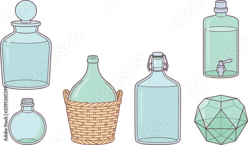 Bild auf Leinwand Vintage Glass Bottle Collection with Decorative Jars Demijohn Carboy Dispenser a