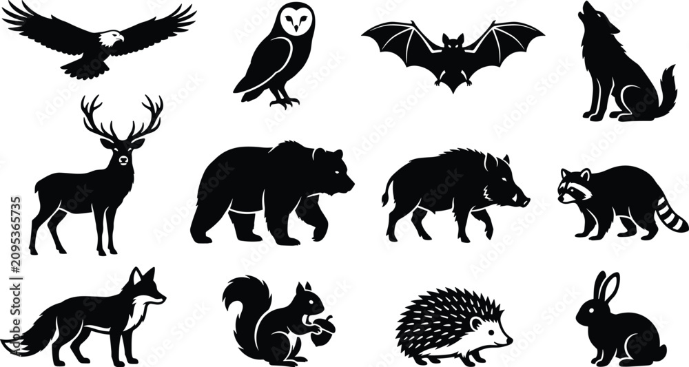 Fototapeta premium Wild Animal Silhouette Collection with Eagle Owl Bat Wolf Deer Bear Boar Raccoon Fox Squirrel Hedgehog and Rabbit Vector Illustration