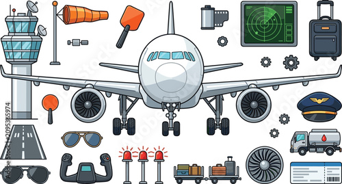 Konstfotografi Airport aviation collection with passenger airplane, control tower, radar, pilot