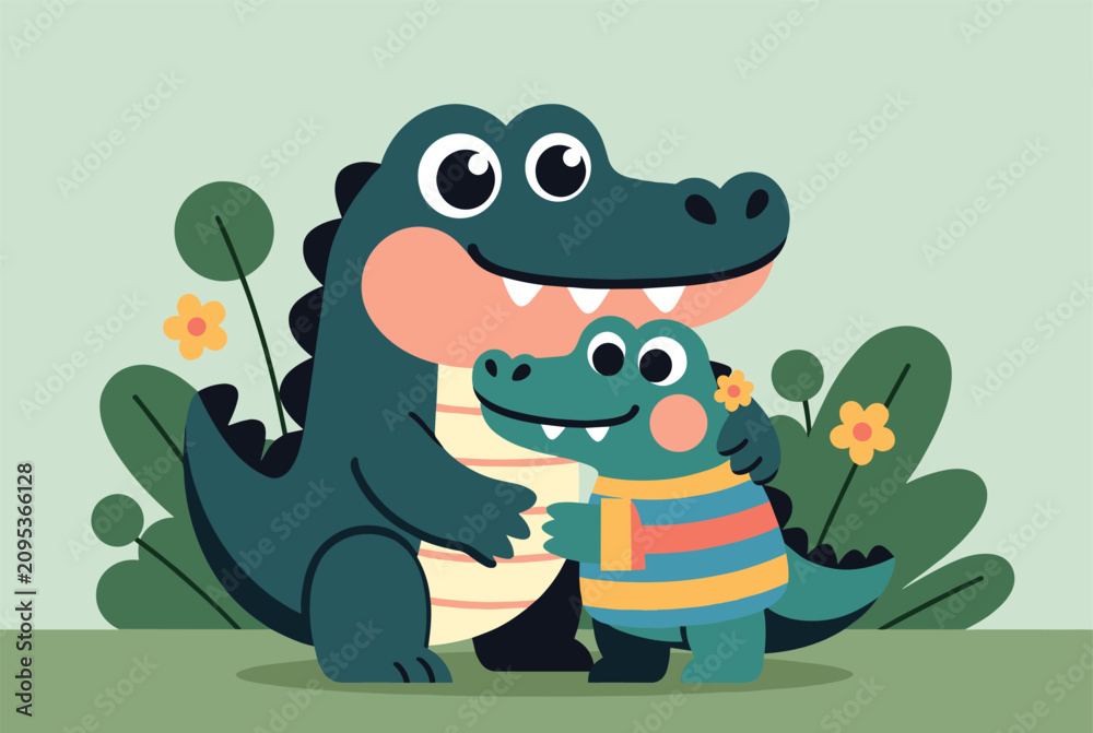 Obraz premium Endearing illustration shows a large dark green crocodile warmly hugging a smaller one wearing a colorful striped sweater among flowers.