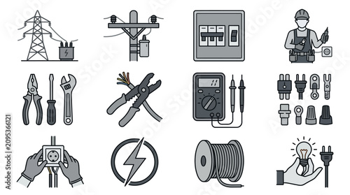 Schilderij op canvas Collection of electrical tools and equipment icons.