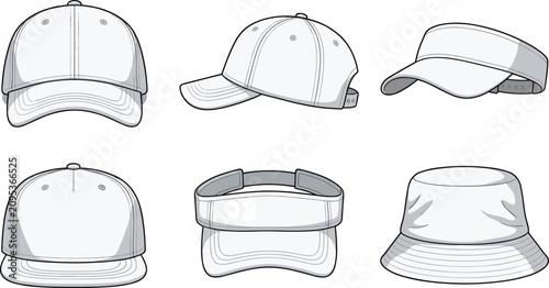 Tableau sur toile Baseball Cap and Hat Collection with Visor Bucket Hat Front Side and Back Views