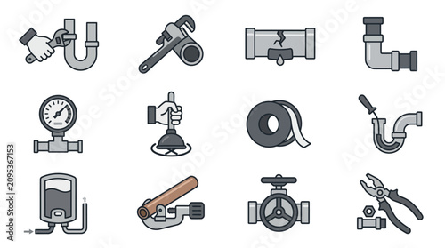 Collection of plumbing tools and pipe fittings illustration.