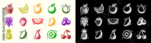 Hand Drawn Fruit Logo Elements Set Sketch Icon Vector Doodles Colorful and Chalkboard Style for Organic Food Brand Identity Juices Smoothies Cafe Business Graphic Design Templates