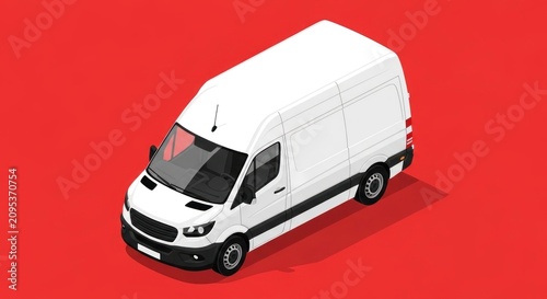 Modern white transport van isolated on red background.