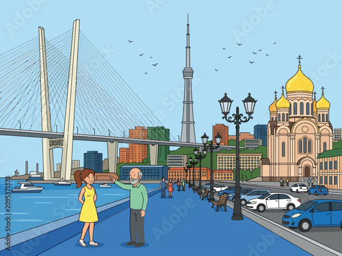 Schilderij op canvas Cartoon Cityscape of Vladivostok Waterfront with Cable-Stayed Bridge and Orthodo