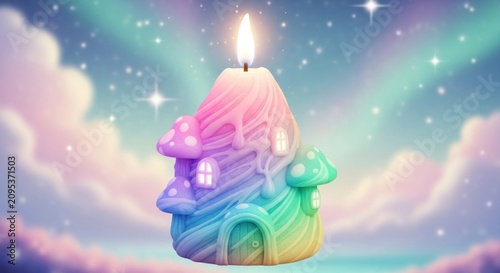 Mushroom house candle glowing in cosmic fantasy sky.