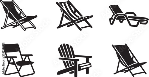 Fotografie Six different styles of black and white folding chairs icon set Vector