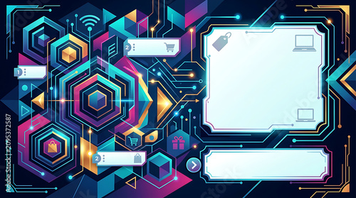 Futuristic e commerce hud interface dashboard with neon geometric frames vector illustration