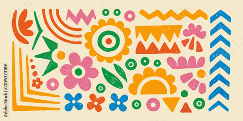 фотографія colorful abstract folk art shapes and doodles on beige background pattern vector