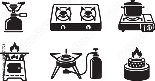 Foto Six types of camping and outdoor stoves illustration Vector