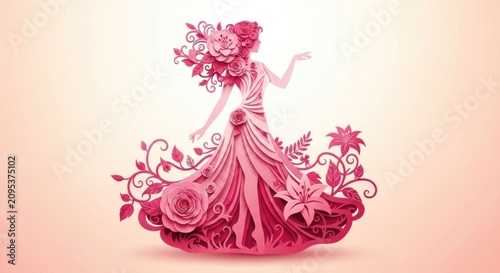 Pink floral paper cut woman silhouette artwork.
