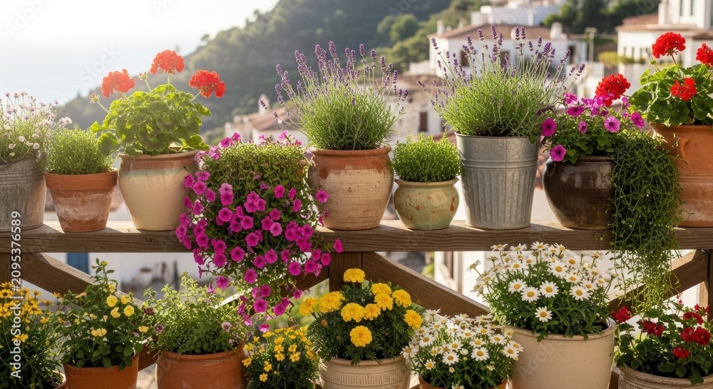 Fototapeta premium Potted flowers on balcony railing with village view.