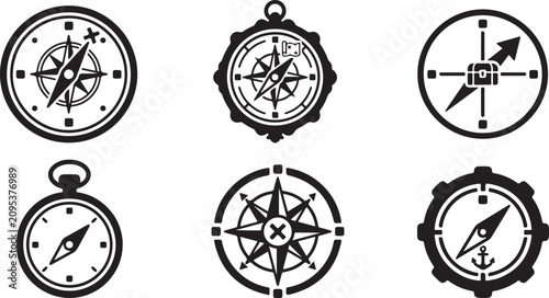 Six vintage-style compass icons with different designs and elements Vector