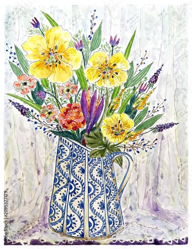 Bouquet of flowers in a Dutch jug, watercolour illustration