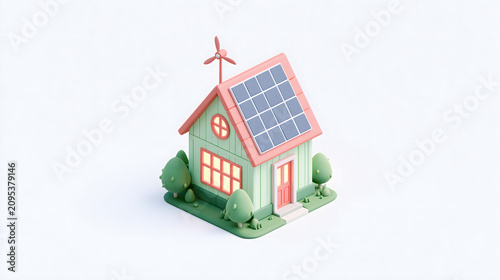 3D render of eco friendly house with solar panels and wind turbine on white background