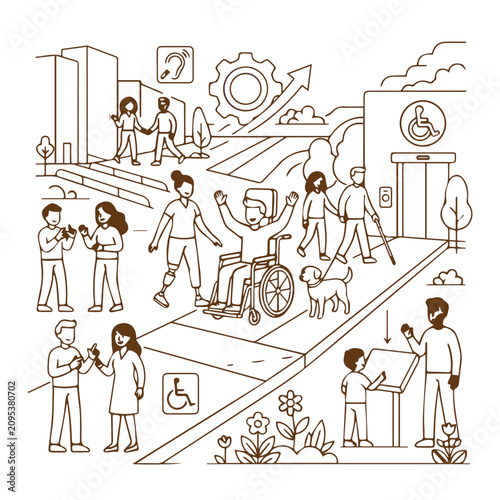 Inclusive community accessibility concept with people using sign language guide sticks