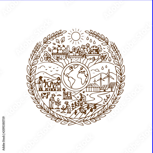 Sustainable agriculture and global environmental stewardship line art emblem