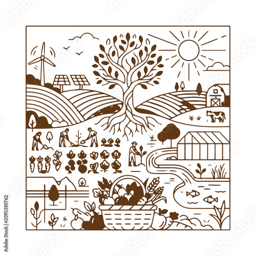 Sustainable agriculture and organic farming line art illustration composition
