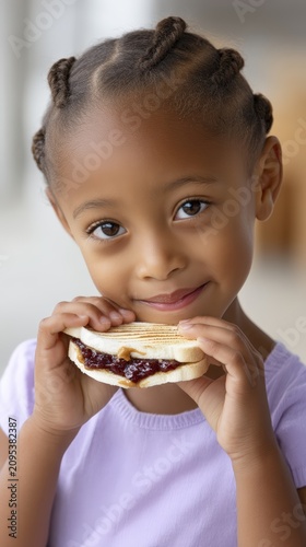 Little girl eating peanut butter and jelly sandwich