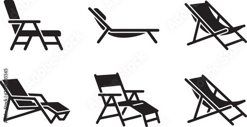 Six black and white folding chairs icon set with different angles Vector