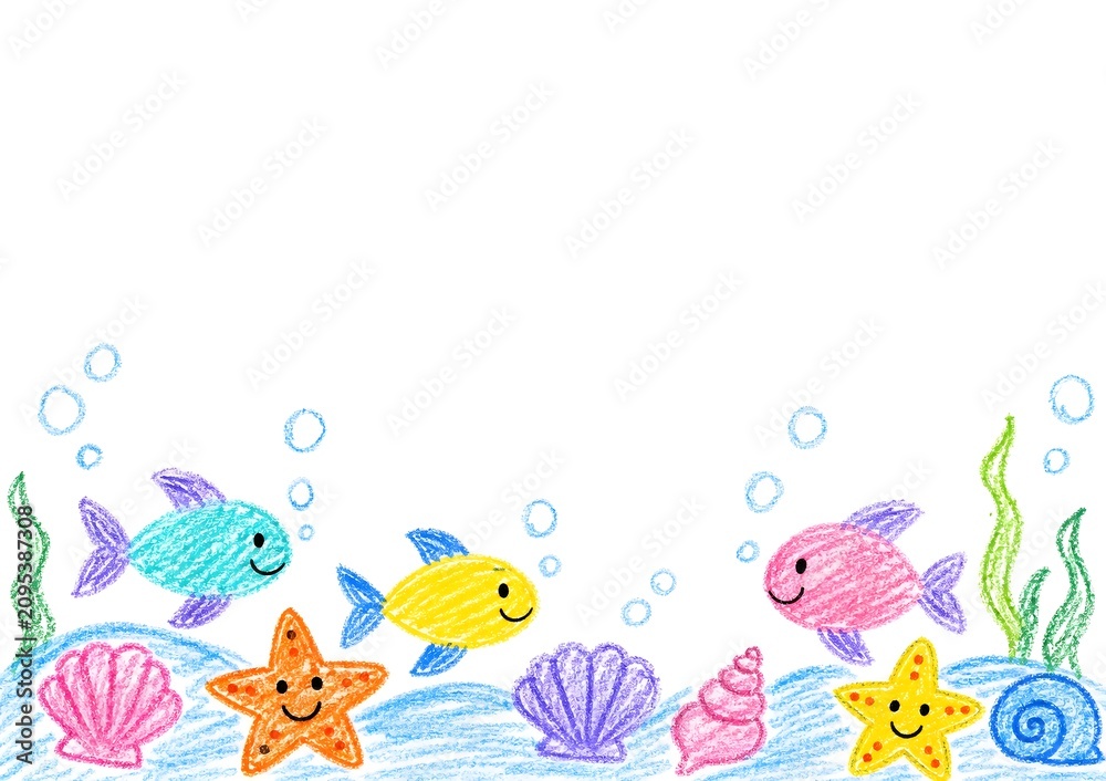 Fototapeta premium Crayon drawing of a cute ocean life border at the bottom.