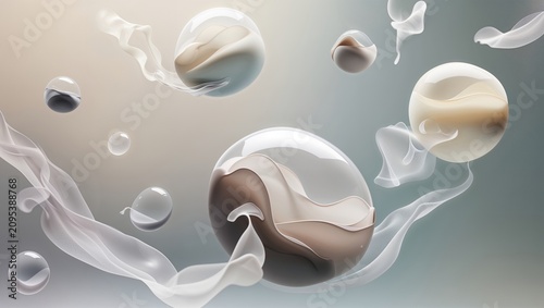 Abstract Spheres with Flowing Organic Shapes and Translucent Fabric on a Soft Gradient