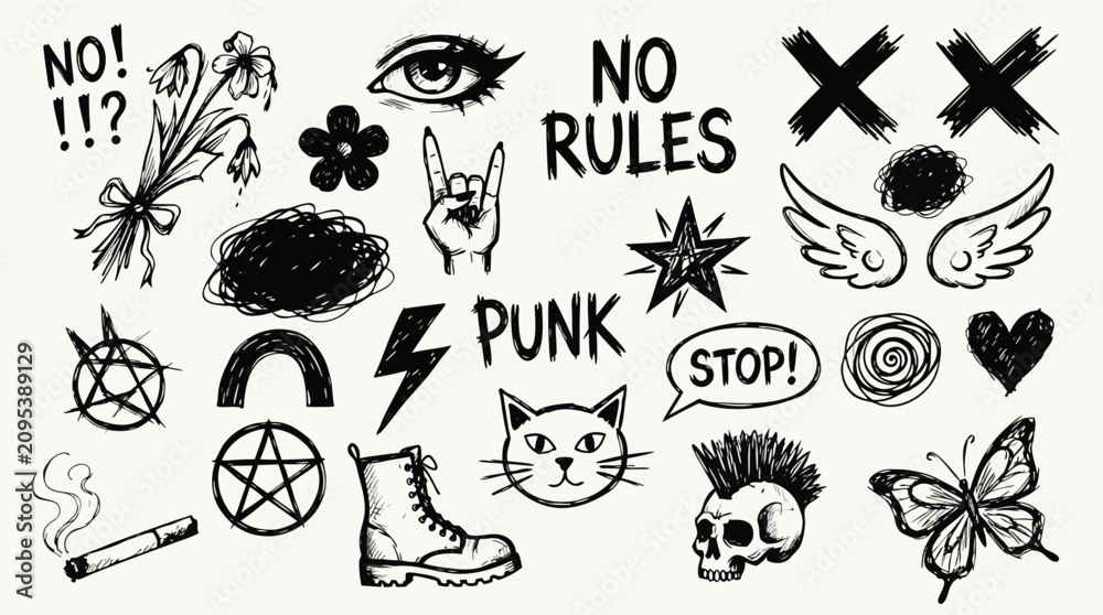Obraz premium Collection of handdrawn sketch style illustrations representing punk rock culture and rebellion symbols