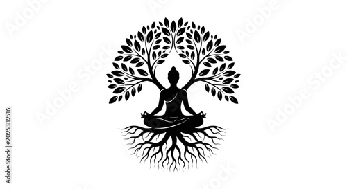Quadro su tela Serene and stylized vector silhouette of a person in a meditative pose, featuring minimalist lines and a peaceful composition for wellness, yoga, and mindfulness concepts