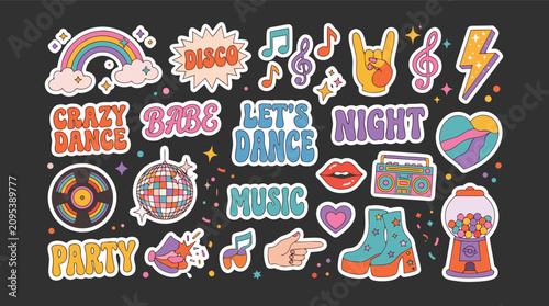 Colorful disco party stickers with dance music symbols and phrases on gray background