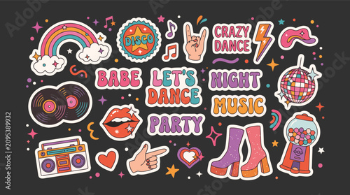 Foto Colorful fun stickers for party music and dancing with disco elements and symbol