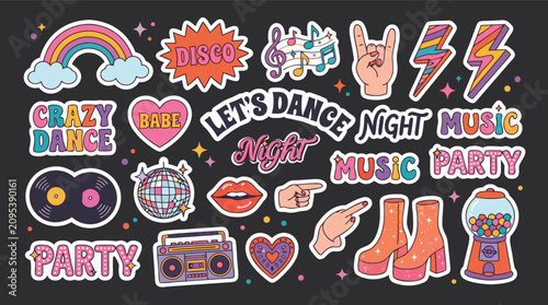 Cuadro en lienzo Colorful party stickers with disco and music themed icons and text on gray backg